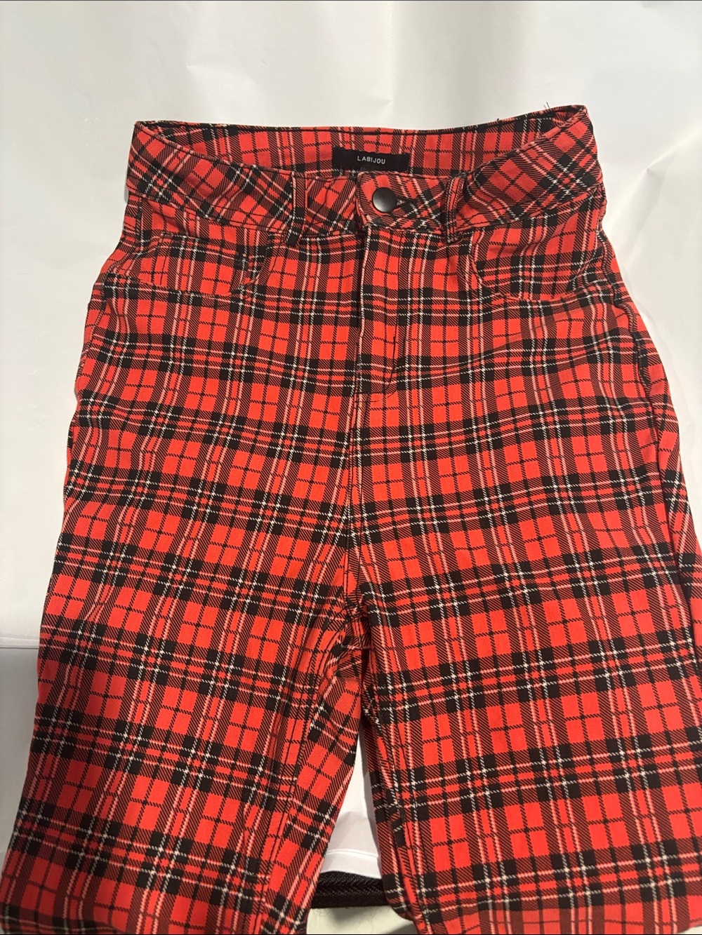 LA-POU Red Plaid Skinny Pants